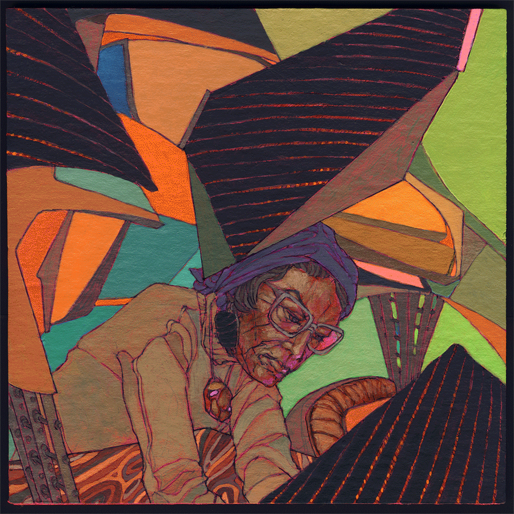 EC Brown, animation added to cover for Record of the Month Club, May 2022, ink and acrylic on chipboard 45 single sleeve